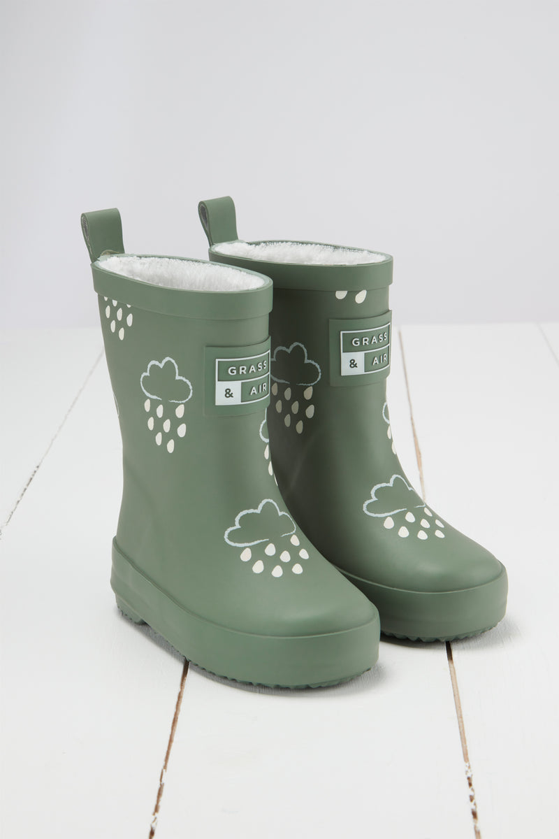 Khaki Green Colour-Changing Kids Wellies with Fleece Lining